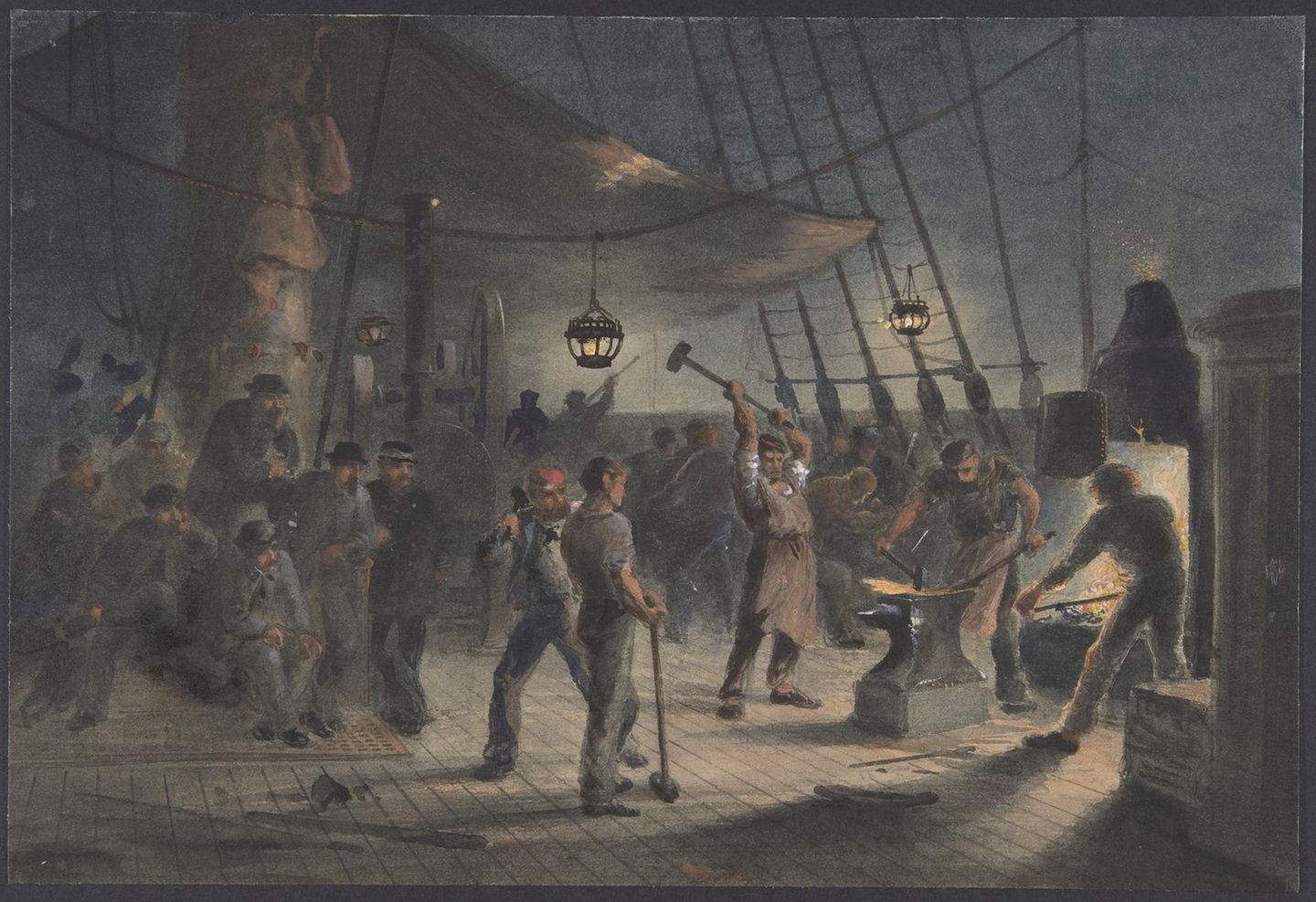 An Deck, Verlegung des ersten Transatlantikkabels, Gemälde von Robert Charles Dudley