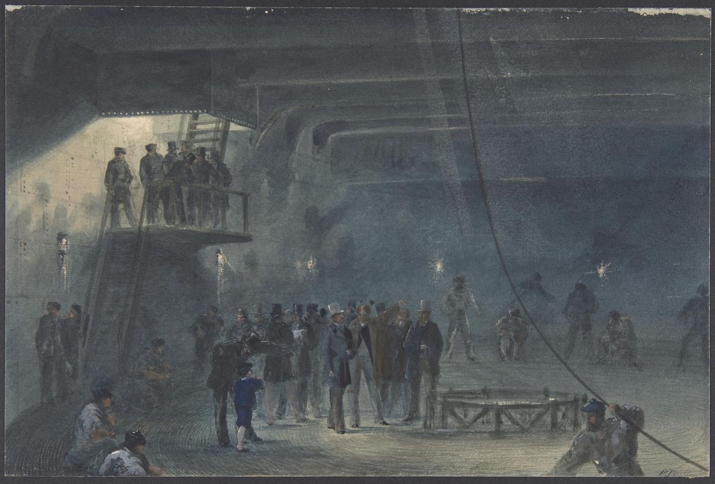 Im Bauch der Great Eastern, Verlegung des ersten Transatlantikkabels, Gemälde von Robert Charles Dudley