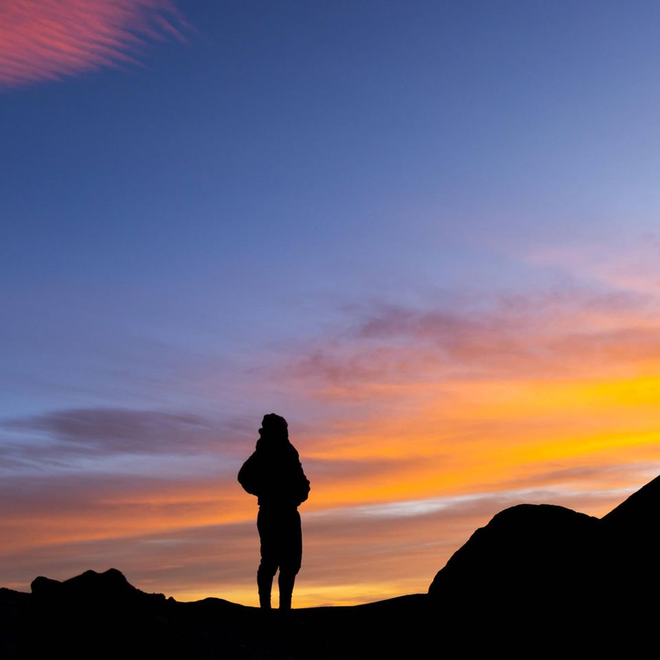 Rückenansicht eines Mannes der auf einem Berg steht und in die Ferne guckt