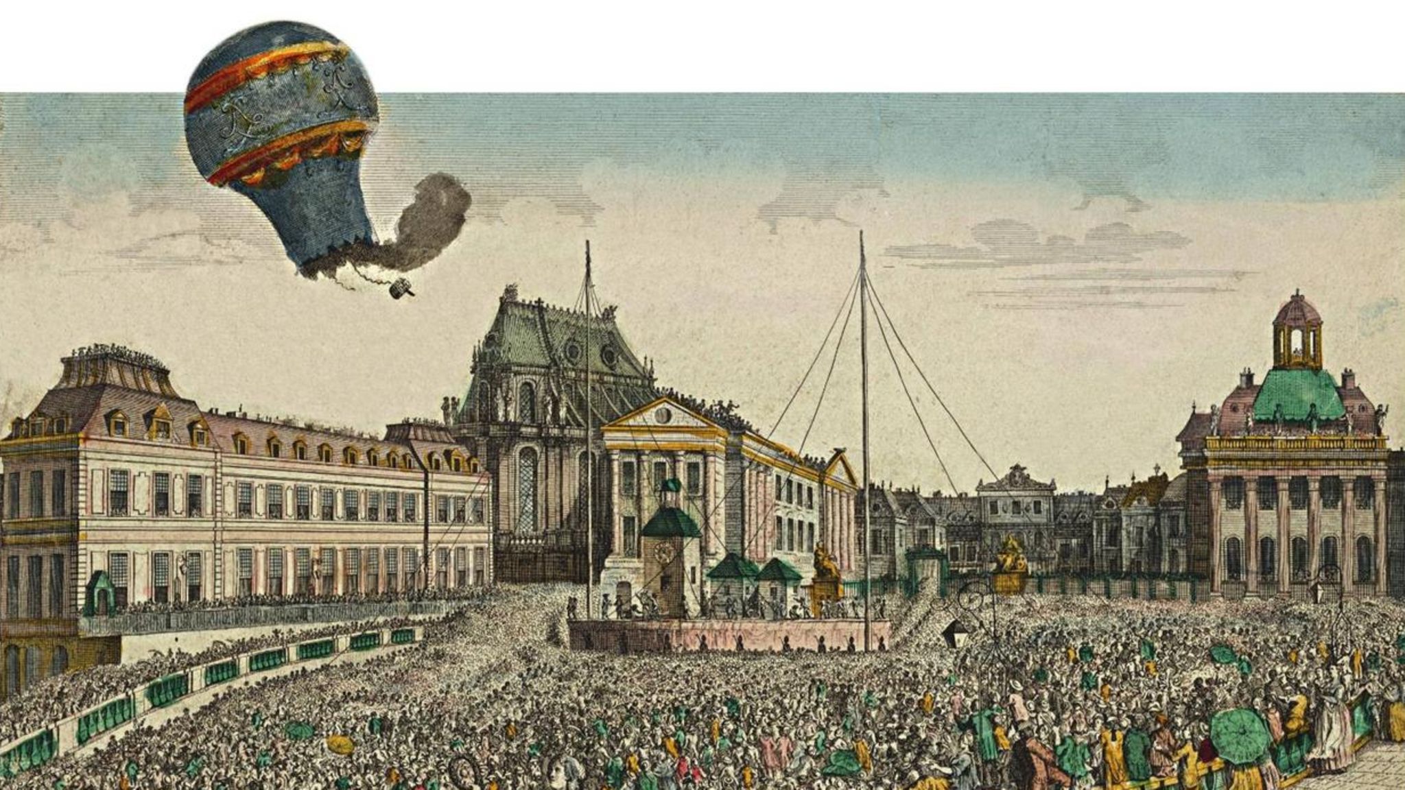 Ein Schaf, eine Ente und ein Hahn sind die Passagiere, als die Brüder Montgolfier am 19. September 1783 ihre Erfindung in Versailles dem französischen König vorführen