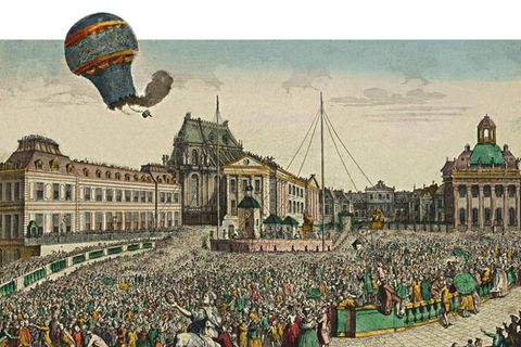 Ein Schaf, eine Ente und ein Hahn sind die Passagiere, als die Brüder Montgolfier am 19. September 1783 ihre Erfindung in Versailles dem französischen König vorführen