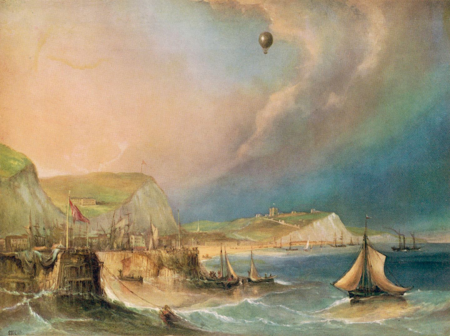 Ein Ballon schwebt hoch über dem Ärmelkanal, auf dem ein Schiff fährt