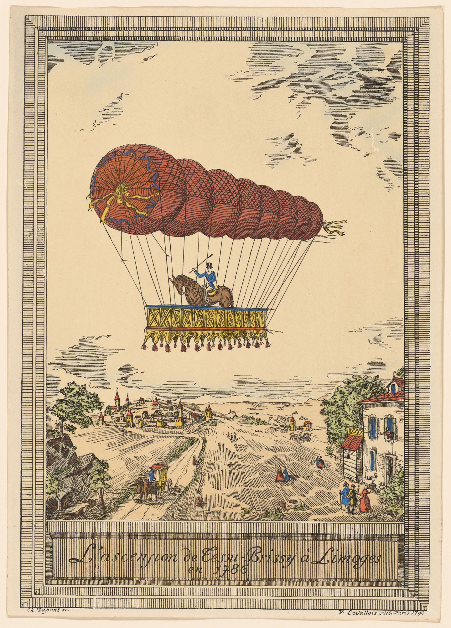 EIn länglicher Ballon trägt eine Plattform, auf der ein Reiter mit Pferd steht