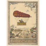 EIn länglicher Ballon trägt eine Plattform, auf der ein Reiter mit Pferd steht