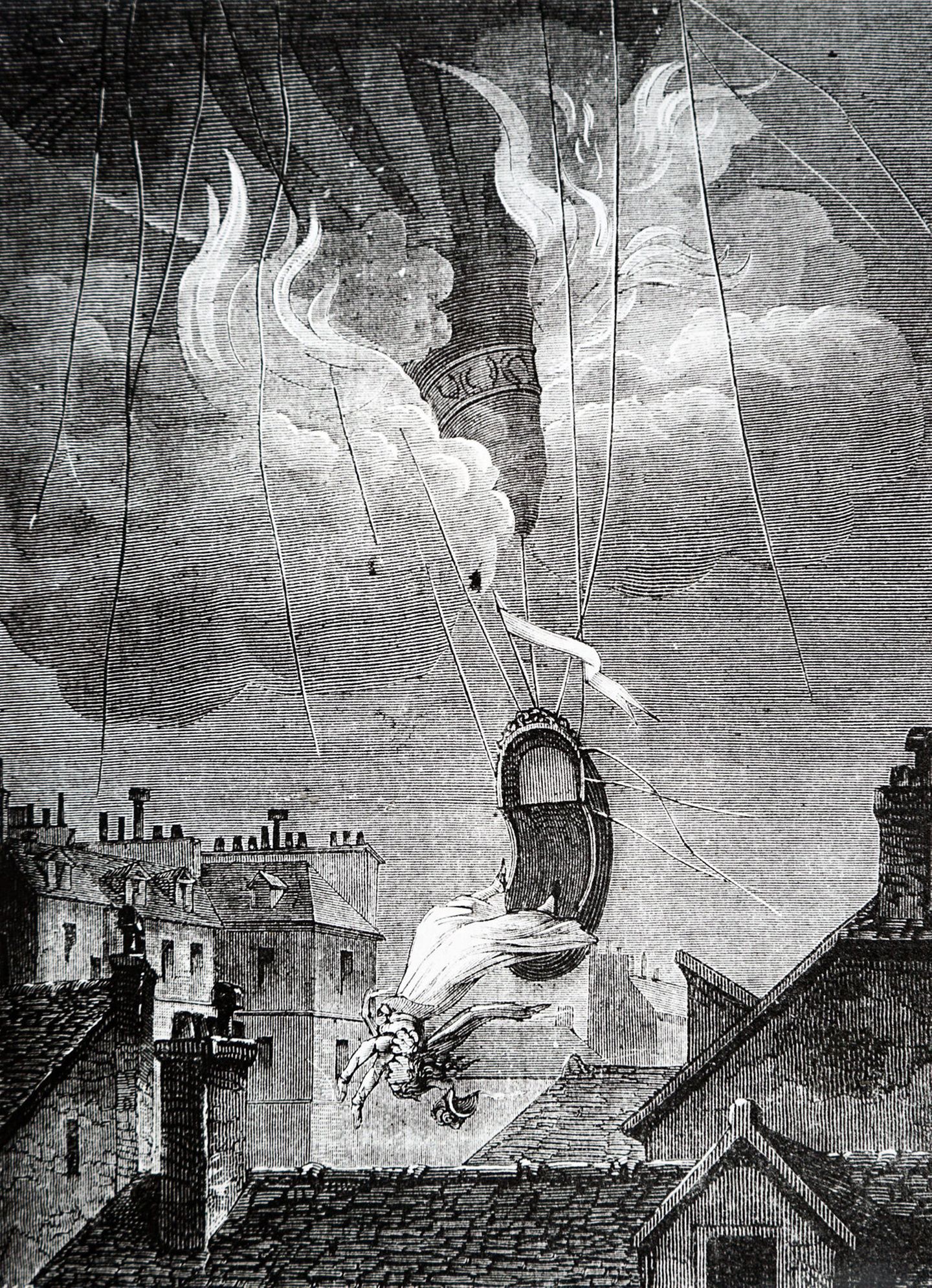 Eine Frau in weißem Kleid stürzt über Häuserdächern kopfüber aus einem Ballonkorb