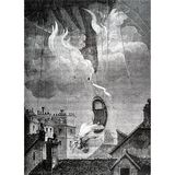 Eine Frau in weißem Kleid stürzt über Häuserdächern kopfüber aus einem Ballonkorb