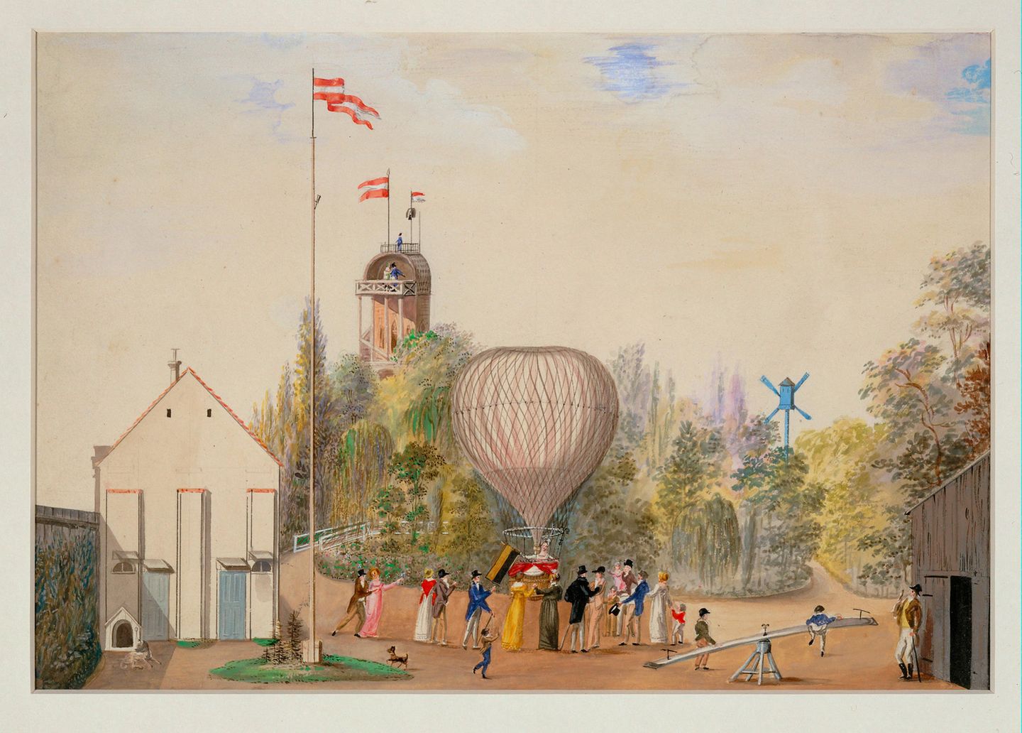 Eine Frau steigt, umringt von mehreren Zuschauern, in die Gondel unter einem kleinen weißen Ballon