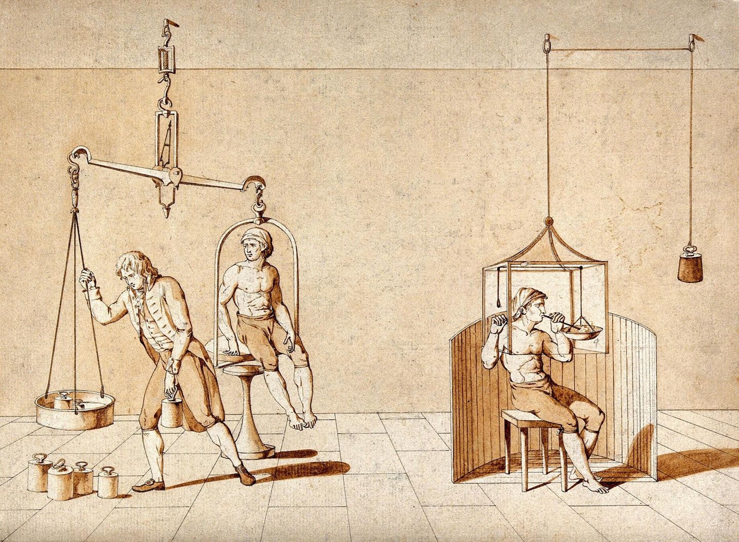 Den französischen Chemiker Antoine Laurent de Lavoisier faszinierte die Atmung. Er ließ Vögel in versiegelten Glasglocken ersticken und bestimmte mit erstaunlicher Präzision, welcher Teil sich währenddessen von "atembarer Luft" (Sauerstoff) in "fixe Luft" (Kohlendioxid) verwandelte. Ab den 1790er-Jahren dienten ihm auch Menschen als Versuchsobjekte, wie diese Federzeichnung seiner Frau zeigt. Insbesondere Experimente mit Atemmasken seien "schmerzhaft, unangenehm und sogar gefährlich", schrieb Lavoisier. Doch sie lieferten revolutionäre Erkenntnisse: Lavoisier begriff, dass sich Sauerstoff im Körper mit Kohlenstoff zu Kohlendioxid verbindet und dabei Wärme erzeugt – und zwar in Abhängigkeit von der physischen Belastung. 