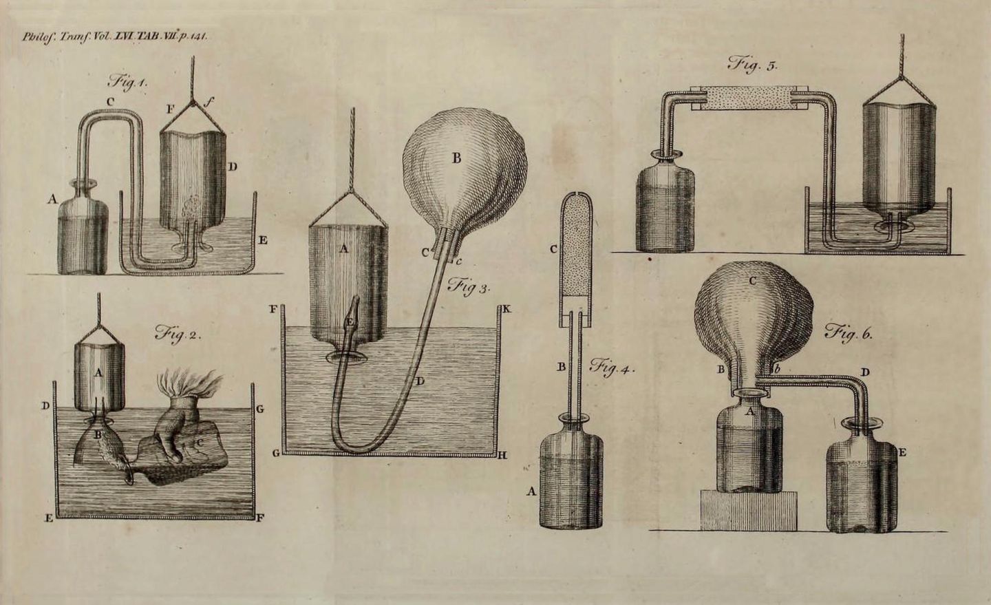 Historische Zeichnung chemischer Experimente, bei denen Gase entstehen