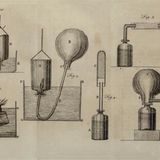 Historische Zeichnung chemischer Experimente, bei denen Gase entstehen