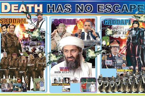 Auch solche politischen Poster entstehen in der Nasser Road, hier ein Jahreskalender mit Saddam Hussein, Osama bin Laden und Muammar al-Gaddafi, deren Köpfe die Grafiker teils auf die Körper von Actionfiguren aus Hollywoodfilmen montiert haben. Sie symbolisieren den Kampf gegen "westlichen Imperialismus"