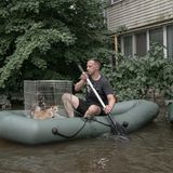 Ein Freiwilliger rettet Katzen im überfluteten Hafenviertel der ukrainischen Stadt Cherson. 19 Tage lang dauerten die Überschwemmungen durch den gebrochenen Kachowka-Staudamm an. Explosionen hatten den durch Russland kontrollierten Damm beschädigt. In der Folge wurden 17.500 Häuser zerstört und hunderte Menschen starben, sowohl auf der ukrainischen als auch auf der russischen Seite des Flusses Dnipro. Die Ukraine bezichtigt Russland, den Staudamm vorsätzlich zerstört zu haben. Am internationalen Strafgerichtshof soll deshalb ein Ökozid-Verfahren gegen Russland eingeleitet werden. Cherson, Ukraine, 9. Juni 2023