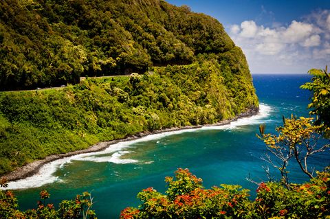 Strasse nach Hana zerschneidet einen bewaldeten Hang, unten ist das Meer