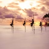 Traditionelle Stelzenfischer versuchen ihr Glück im Wechsel zwischen Ebbe und Flut bei Sonnenuntergang in Koggala, Sri Lanka. Das ausdrucksstarke Bild zeigt die Bewegung des Wassers im Kontrast zur Stille der Fischer.