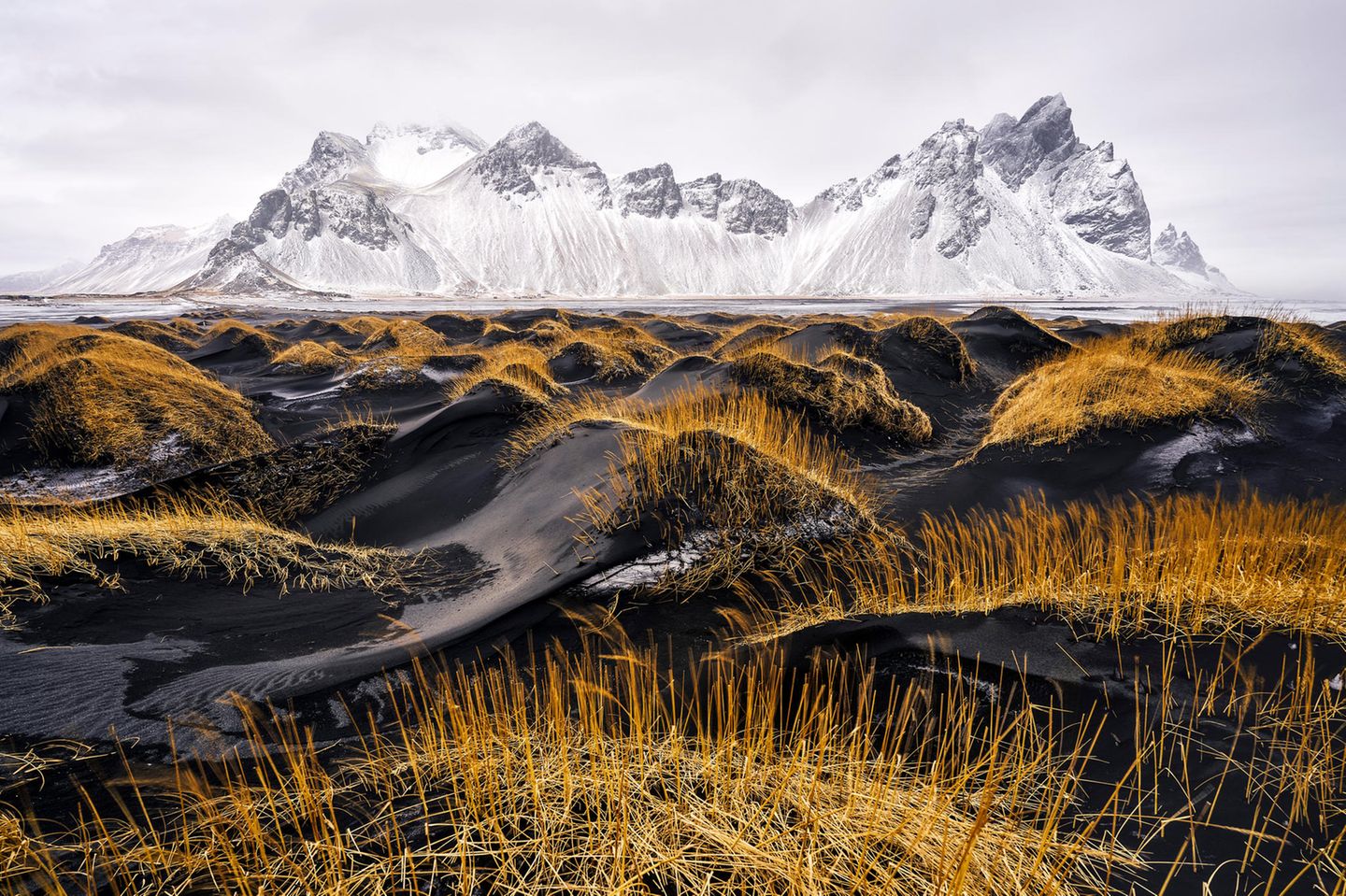 Winter in Stokksnes, Island: Das Bild zeigt einen schwarzen Sandstrand, im Hintergrund liegt der majestätische Berg Vestrahorn. Fotograf Ivan Pedrettie liebt an seinem Bild besonders den Farbkontrast zwischen den weißen Bergen und den schwarzen Dünen, die gelbe Gräser zieren.