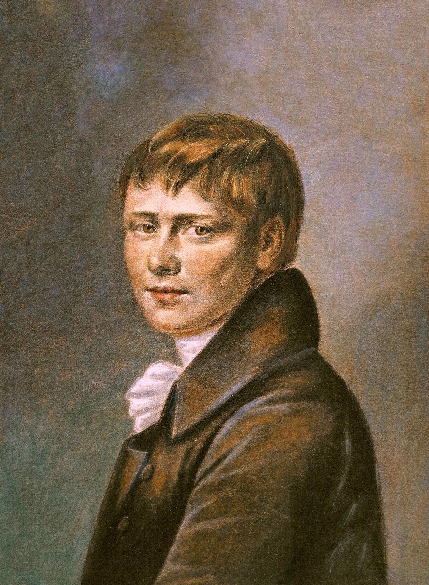 Porträt von Heinrich von Kleist als junger Mann, der den Betrachter direkt anschaut, gekleidet in einen braunen Mantel Porträt von Heinrich von Kleist als junger Mann, der den Betrachter direkt anschaut, gekleidet in einen braunen Mantel