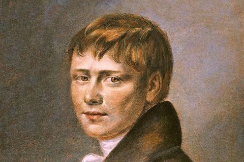 Porträt von Heinrich von Kleist als junger Mann, der den Betrachter direkt anschaut, gekleidet in einen braunen Mantel Porträt von Heinrich von Kleist als junger Mann, der den Betrachter direkt anschaut, gekleidet in einen braunen Mantel