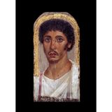 Ein junger Mann mit Bart, in weißer Tunika, halb umrahmt von einem goldenen Bogen, schaut den Betrachter an