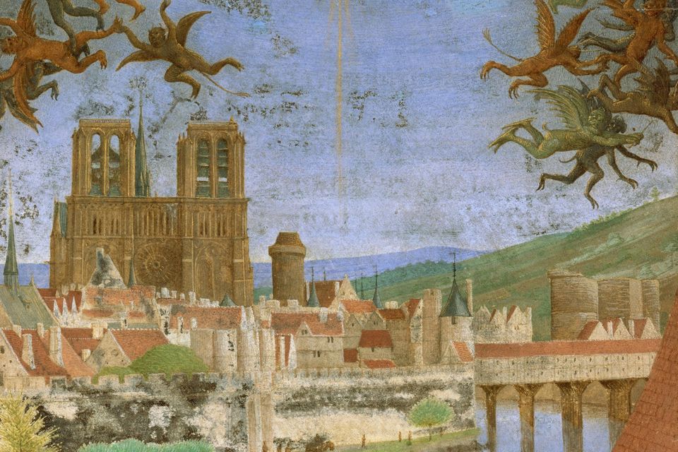 Ein Gotteshaus für Paris: Im Mittelalter beschloss der französische König Ludwig VII., die Stadt mit prächtigen Bauten als politisches, wirtschaftliches und kulturelles Zentrum seines Reiches zu festigen. 1163 begann der Bau der Kirche zu Ehren der Jungfrau Maria und ersetzte die Kathedrale Saint-Étienne, die dort vermutlich seit dem 5. Jahrhundert gestanden hatte. Zunächst war Notre-Dame nur eine Kathedrale unter vielen: Staatliche Zeremonien, Beerdigungen und Königskrönungen fanden weiterhin in Reims und Saint-Denis statt. Fast 200 Jahre, bis 1345, zogen sich die Bauarbeiten hin (hier eine Illustration aus einem Gebetsbuch von ca. 1450)  1.1173