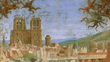 Ein Gotteshaus für Paris: Im Mittelalter beschloss der französische König Ludwig VII., die Stadt mit prächtigen Bauten als politisches, wirtschaftliches und kulturelles Zentrum seines Reiches zu festigen. 1163 begann der Bau der Kirche zu Ehren der Jungfrau Maria und ersetzte die Kathedrale Saint-Étienne, die dort vermutlich seit dem 5. Jahrhundert gestanden hatte. Zunächst war Notre-Dame nur eine Kathedrale unter vielen: Staatliche Zeremonien, Beerdigungen und Königskrönungen fanden weiterhin in Reims und Saint-Denis statt. Fast 200 Jahre, bis 1345, zogen sich die Bauarbeiten hin (hier eine Illustration aus einem Gebetsbuch von ca. 1450)