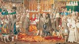 Am 18. November 1663 standen sich König Ludwig XIV. (rechts) und Vertreter der Schweizer Eidgenossenschaft (links) in der Kathedrale gegenüber, um die Erneuerung ihrer Soldallianz zu besiegeln. Das Militärbündnis erlaubte es dem französischen König, bis zu 16.000 eidgenössische Söldner anzuwerben, im Austausch für Handelsprivilegien in Frankreich. Für die Schweiz war der Solddienst eine wichtige wirtschaftliche Stütze. Zusehends entwickelte sich Notre-Dame zum Schauplatz von Politik und Wirtschaft