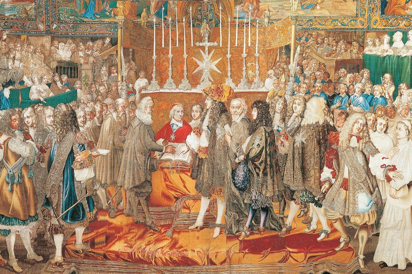 Der König und die Söldner Am 18. November 1663 standen sich König Ludwig XIV. (rechts) und Vertreter der Schweizer Eidgenossenschaft (links) in der Kathedrale gegenüber, um die Erneuerung ihrer Soldallianz zu besiegeln. Das Militärbündnis erlaubte es dem französischen König, bis zu 16.000 eidgenössische Söldner anzuwerben, im Austausch für Handelsprivilegien in Frankreich. Für die Schweiz war der Solddienst eine wichtige wirtschaftliche Stütze. Zusehends entwickelte sich Notre-Dame zum Schauplatz von Politik und Wirtschaft
