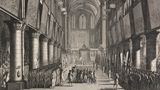 In Reih und Glied standen die Soldaten der Nationalgarde im September 1789 in der Kathedrale. Die Französische Revolution hatte tiefgreifende Folgen für Notre-Dame: Die Revolutionäre sahen in ihr ein Symbol für die verhasste Monarchie und die katholische Kirche. 1793 wurde die Kathedrale – wie viele andere Kirchen auch – in einen "Tempel der Vernunft" umbenannt. Mehr noch: Revolutionäre zerstörten die Inneneinrichtung, zerschlugen Statuen und plünderten Schätze. Zeitweilig wurde das einstige Gotteshaus sogar als Weinlager entfremdet