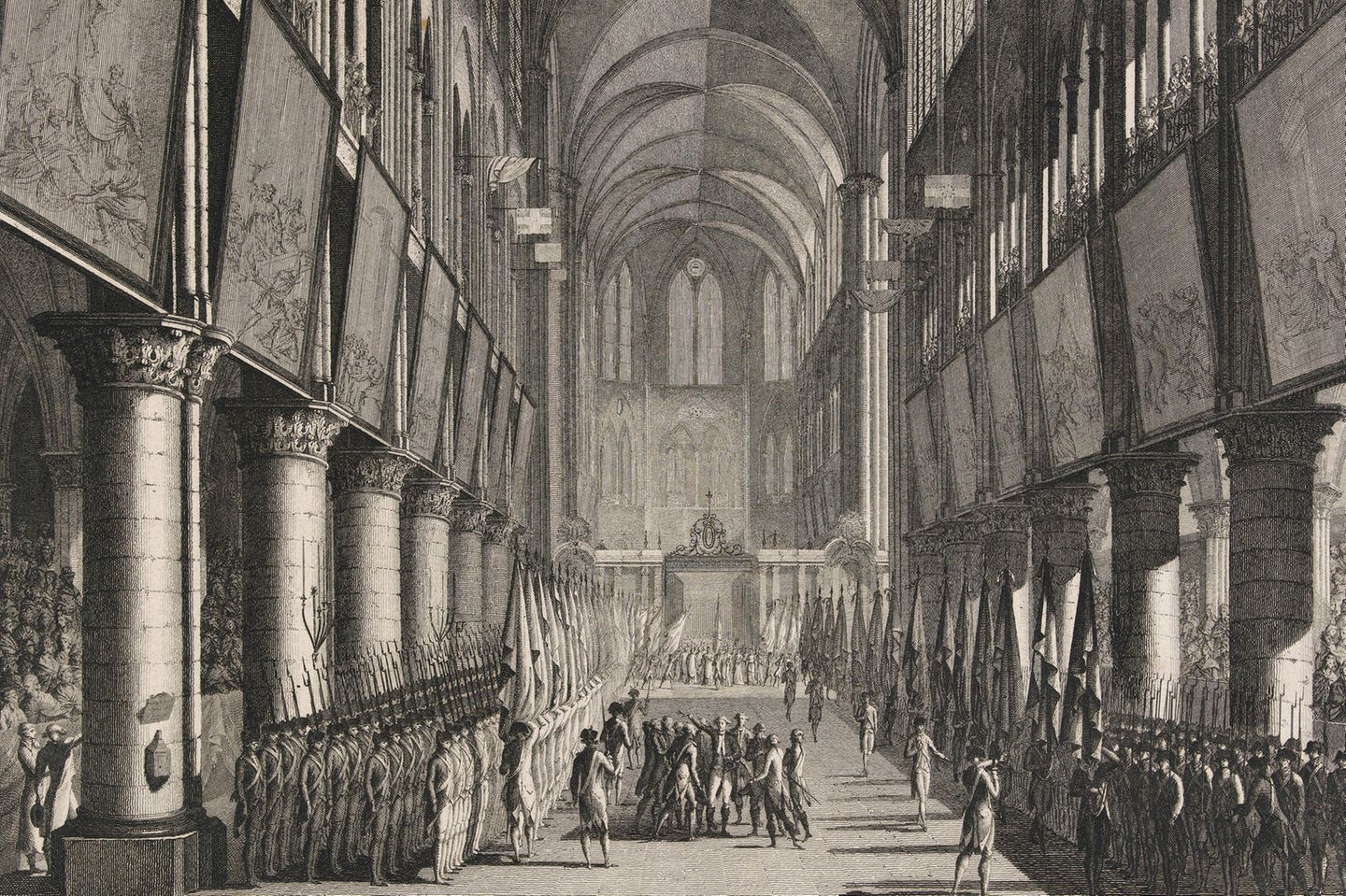 Eine Kathedrale verkommt zum Weinlager In Reih und Glied standen die Soldaten der Nationalgarde im September 1789 in der Kathedrale. Die Französische Revolution hatte tiefgreifende Folgen für Notre-Dame: Die Revolutionäre sahen in ihr ein Symbol für die verhasste Monarchie und die katholische Kirche. 1793 wurde die Kathedrale – wie viele andere Kirchen auch – in einen "Tempel der Vernunft" umbenannt. Mehr noch: Revolutionäre zerstörten die Inneneinrichtung, zerschlugen Statuen und plünderten Schätze. Zeitweilig wurde das einstige Gotteshaus sogar als Weinlager entfremdet