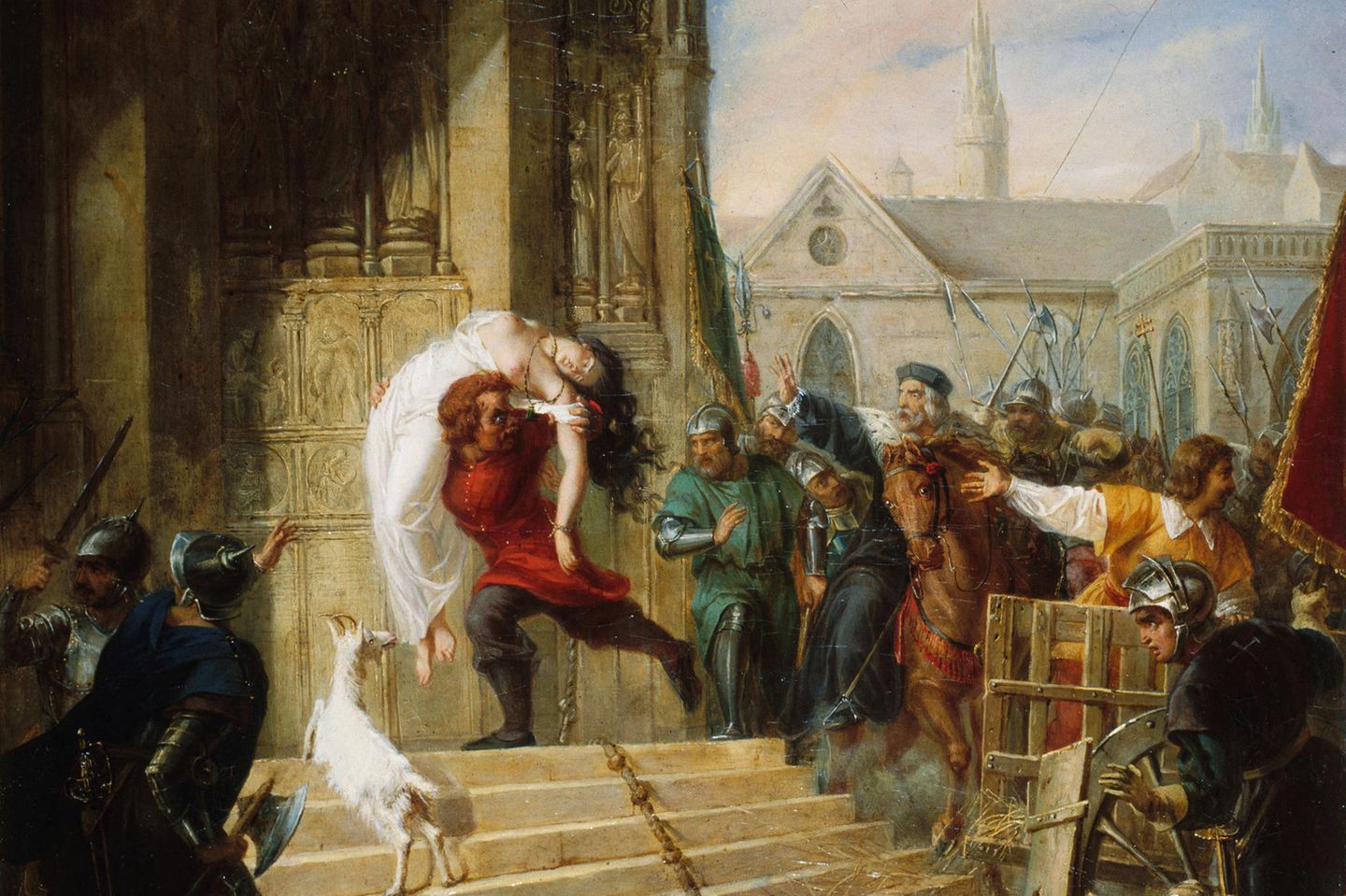 Ein Roman für eine Kirche Letzte Rettung Notre-Dame: In Victor Hugos Drama "Der Glöckner von Notre-Dame" trägt Quasimodo die junge Esmeralda in die Kathedrale, um sie vor der Verbrennung als Hexe zu retten. Das 1831 veröffentlichte Drama weckte breites Interesse an der Kirche, die noch immer unter den Verwüstungen der Revolution litt. Der Roman verlieh der Kathedrale eine Volkstümlichkeit und trug maßgeblich dazu bei, Renovierungsarbeiten anzustoßen