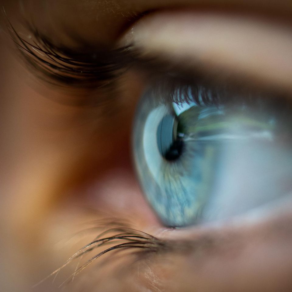 Seitliche Nahaufnahme eines geöffneten Auges, blaue Augenfarbe.