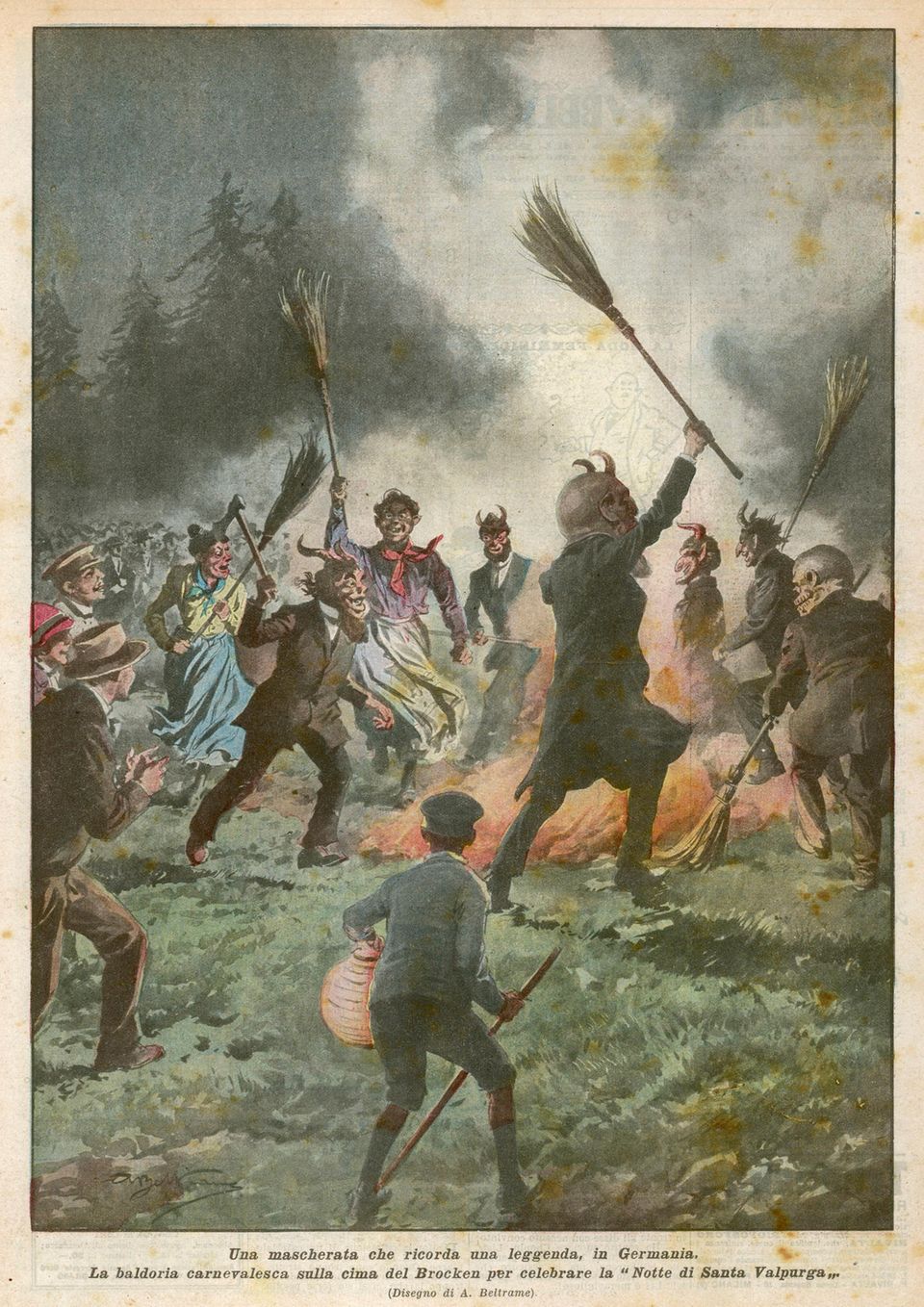 Ein großes Spektakel: Erst seit moderner Zeit treffen sich "Hexen" auf dem Brocken – verkleidete Menschen wie auf dieser Illustration von 1926