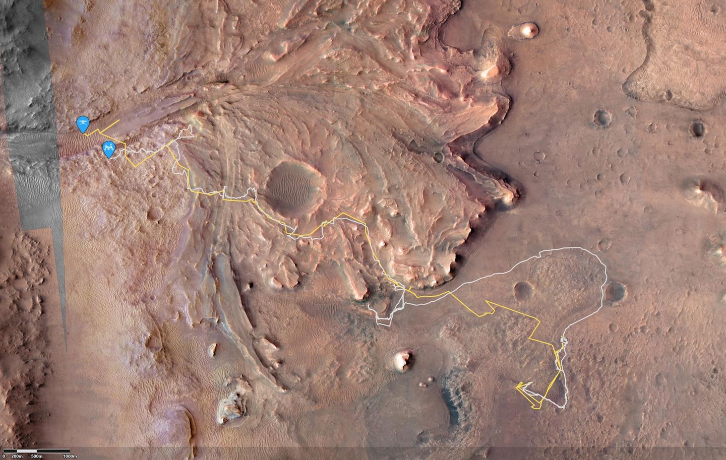 in drei Jahren zurückgelegte Strecke des Ingenuity und parallel des Rovers