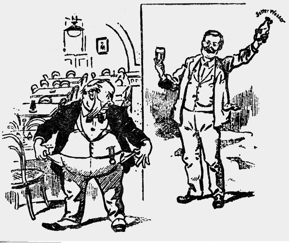 Karikatur, die einen mürrischen Brauereibesitzer und einen freudigen Mineralwasser trinkenden Gast zeigt Karikatur, die einen mürrischen Brauereibesitzer und einen freudigen Mineralwasser trinkenden Gast zeigt