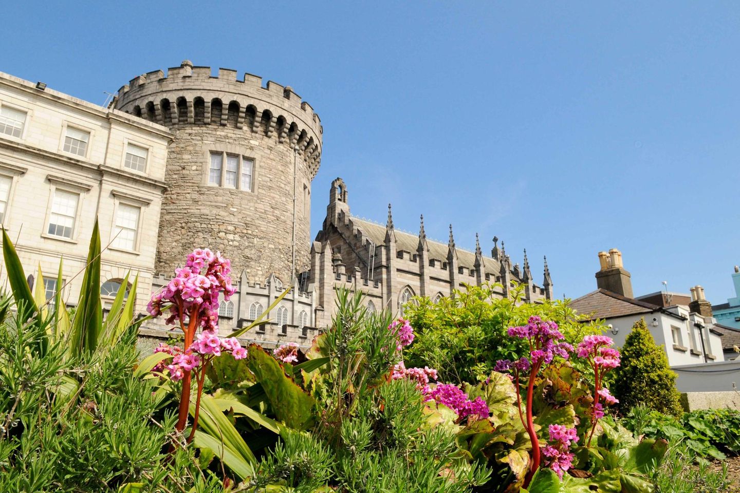 Dublin Castle: Auf Zeitreise zu den Wurzeln der Stadt Schloss mit Blumen im Vordergrund