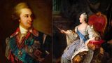 Der mit Orden dekorierte Feldmarschall Potemkin im Halbporträt. (l.),  Katharina die Große sitzend auf dem Thron (r.)