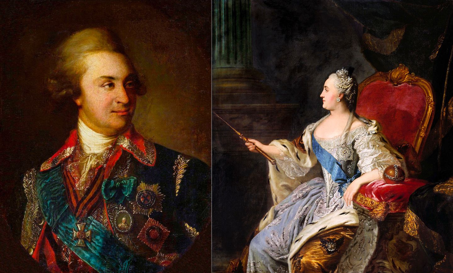 Katharina die Große und Fürst Potemkin: Russlands große Romanze Der mit Orden dekorierte Feldmarschall Potemkin im Halbporträt. (l.), Katharina die Große sitzend auf dem Thron (r.)
