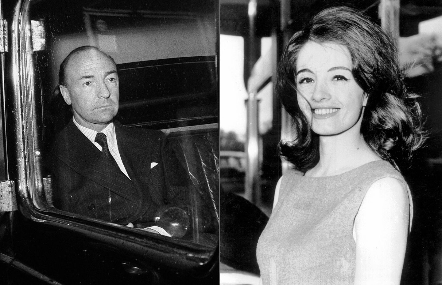 John D. Prufomo, mit ernstem Blick im Auto sitzend  (l.) und Christine Keeler, lachend (r.)