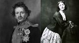 Gemälde von Ludwig II. (l.) und Foto von Lola Montez in gemustertem Rock, an eine Stuhl lehnend.