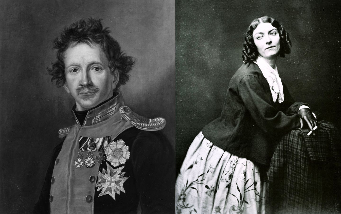 Bayerns König und die Tänzerin: Liebe um den Preis einer Staatskrise Gemälde von Ludwig II. (l.) und Foto von Lola Montez in gemustertem Rock, an eine Stuhl lehnend.