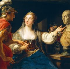 Gemälde von Kleopatra und Marcus Antonius, rechts eine Büste Caesars