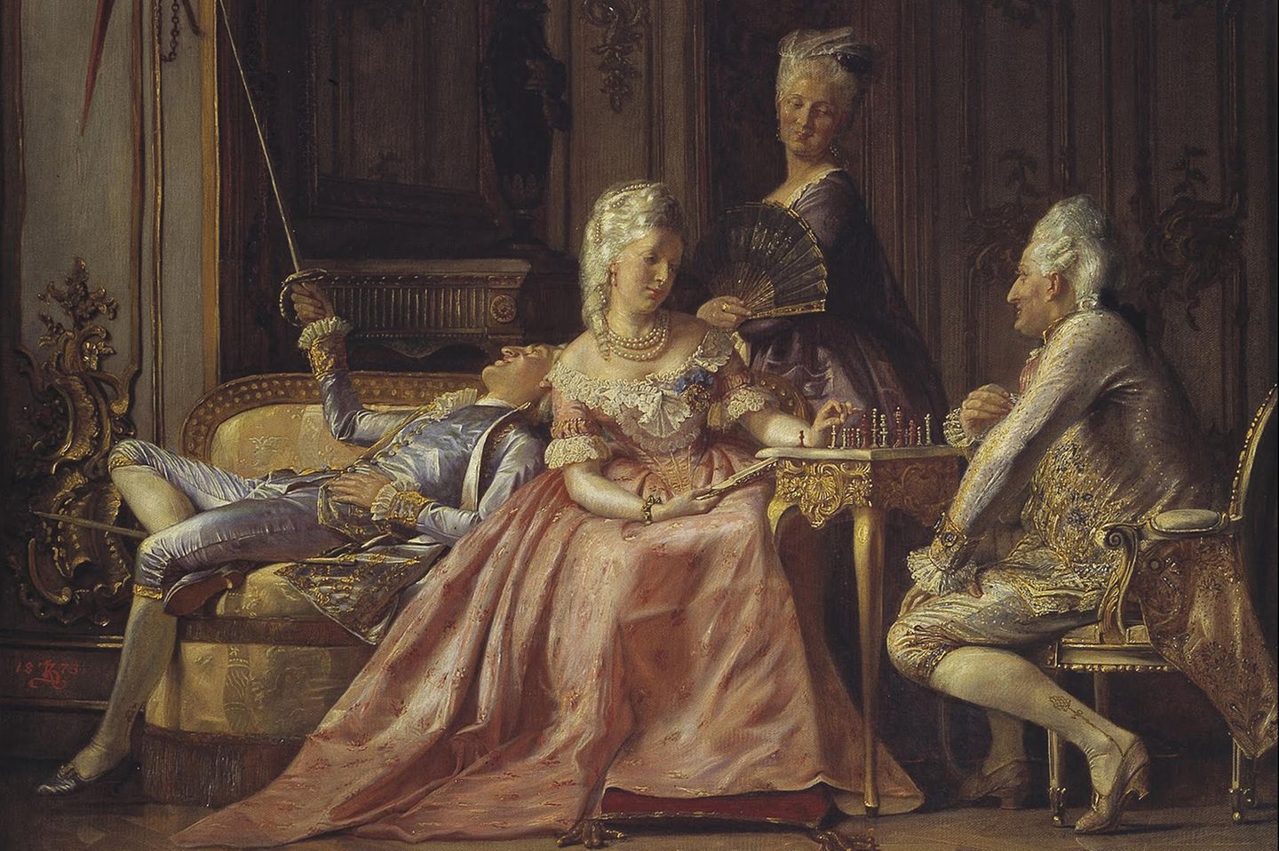 Der Leibarzt und die Königin: Eine Affäre, die Dänemark erschüttert Die dänische Königin Caroline Mathilde spielt an einem Tisch mit Johann Friedrich Struensee Schach