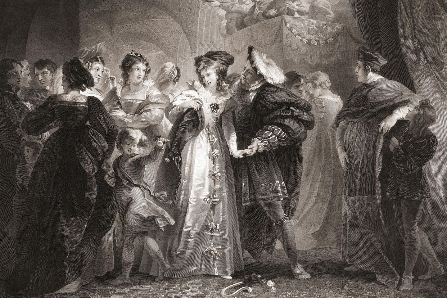 Heinrich VIII. und Anne Boleyn: Für eine Frau gegen Rom Heinrich VIII. mit Ann Boleyn im Arm, umringt von Höflingen (schwarz-weiß)