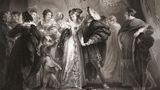 Heinrich VIII. mit Ann Boleyn im Arm, umringt von Höflingen (schwarz-weiß)