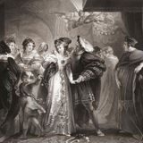 Heinrich VIII. mit Ann Boleyn im Arm, umringt von Höflingen (schwarz-weiß)