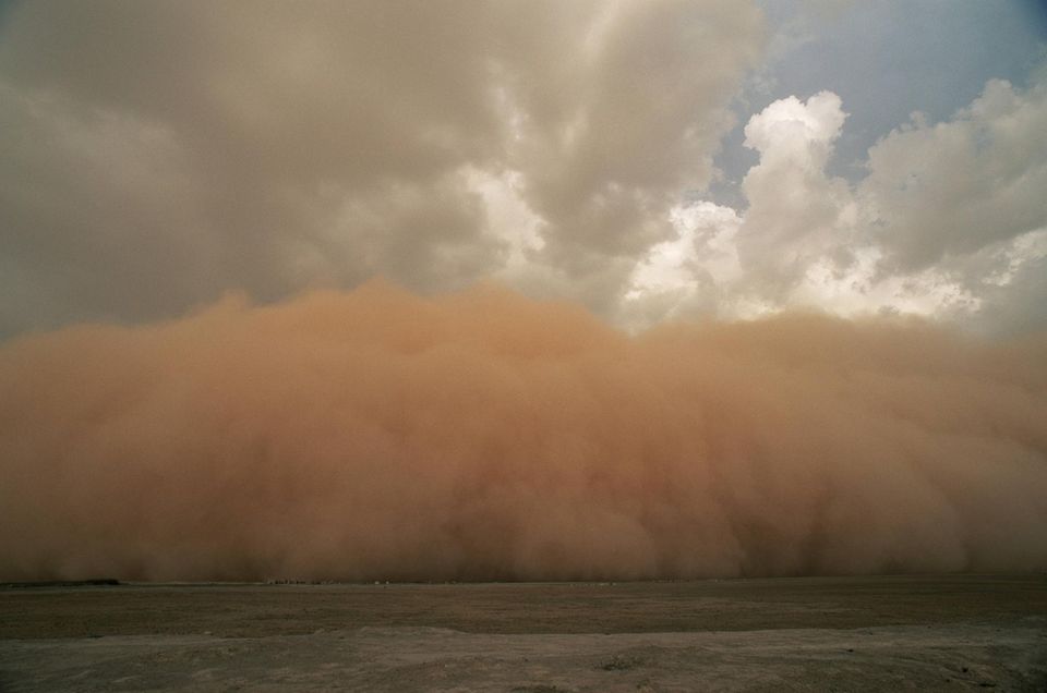 Die Wolke eines Sandsturms türmt sich über flachem Land auf