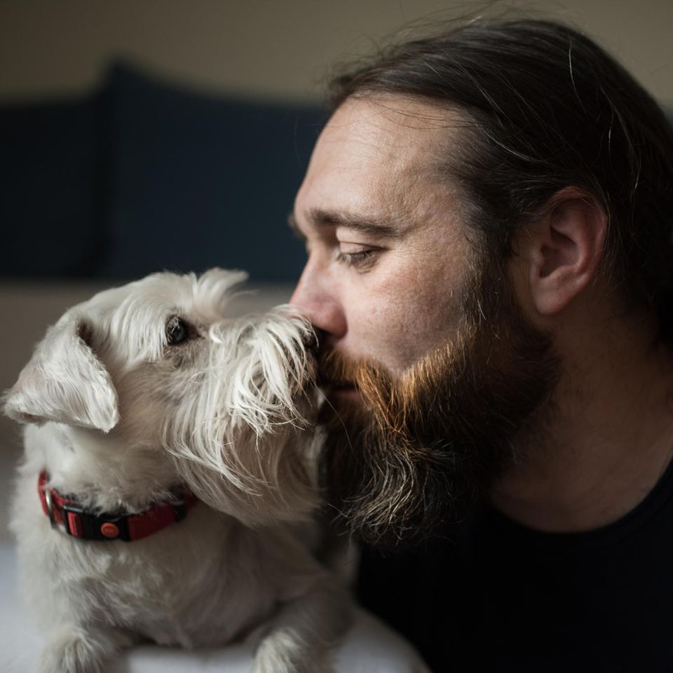 Mann und Hund riechen aneinander