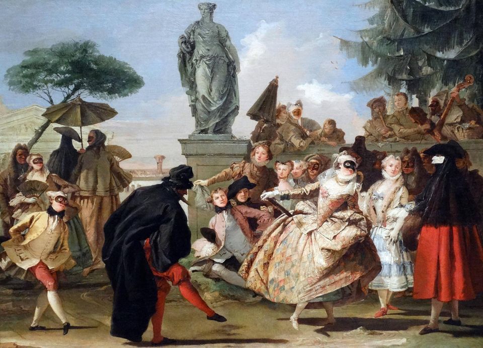 Ölgemälde tanzender Männer und Frauen, teils mit schwarzen Masken vor den Augen
