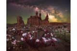 Das Motiv könnte auch einem Fantasyroman entsprungen sein: Rosafarbene Wildblumen blühen vor der Kulisse der Felsformation "Three Sisters", darüber leuchtet die Milchstraße am Nachthimmel. Der Landschafts- und Astrofotograf Marcin Zajac fotografierte das Ensemble an einem der dunkelsten Orte der USA, im Goblin Valley State Park im US-Bundesstaat Utah.