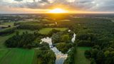 Luftaufnahme vom Zusammenfluss von Ems und Werse, Sonnenuntergang