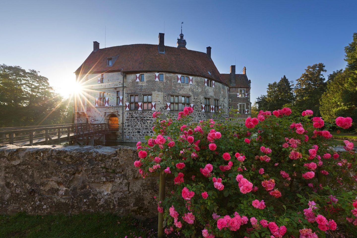 Schlösser und Wasserburgen: Von Ehrenamtlichen in Schuss gehalten Historische Steinburg mit Fensterläden, Rosenbüsche im Vordergrund
